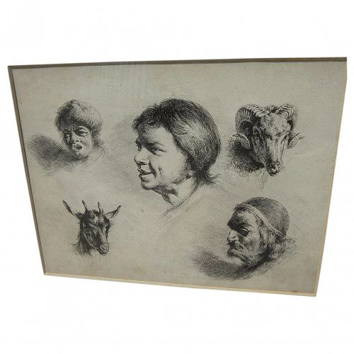 JEAN-JACQUES DE BOISSIEU (1736-1810) fine old etching "Cinque Tetes" (Five Heads)‏