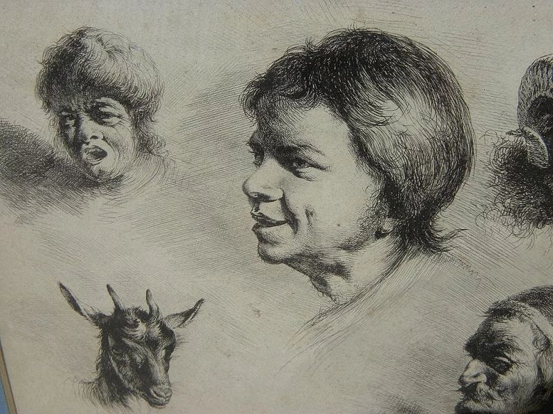 JEAN-JACQUES DE BOISSIEU (1736-1810) fine old etching &quot;Cinque Tetes&quot; (Five Heads)‏