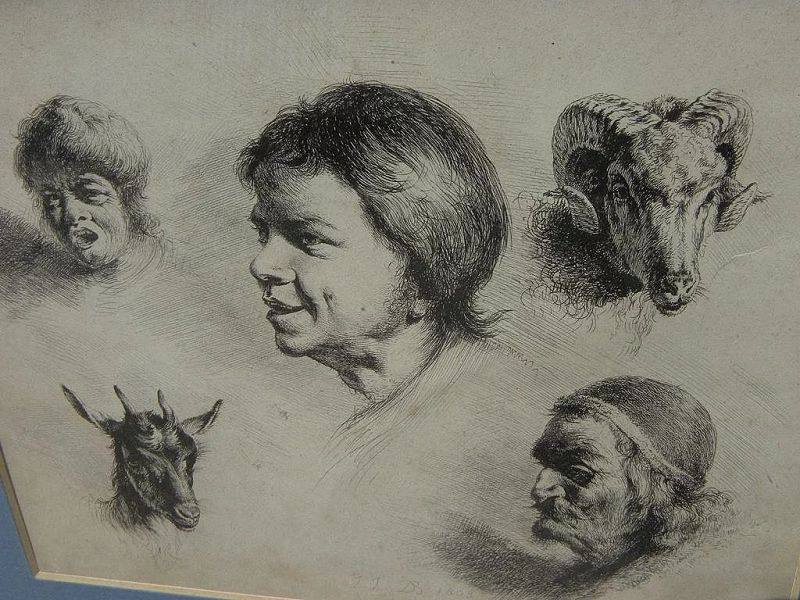 JEAN-JACQUES DE BOISSIEU (1736-1810) fine old etching &quot;Cinque Tetes&quot; (Five Heads)‏