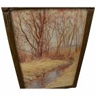 American vintage impressionist watercolor painting of small stream in autumn trees