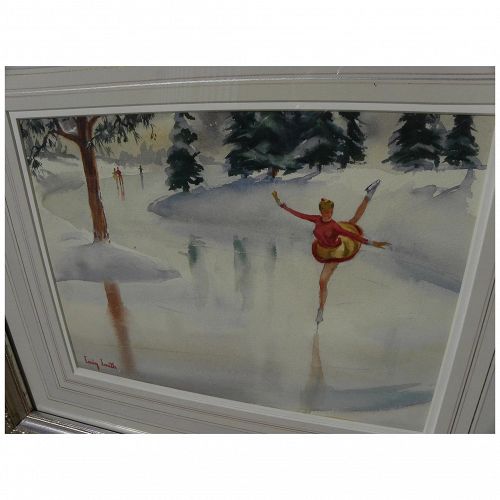Delicate watercolor painting of elegant female ice skater on a pond by illustrator artist Craig Smith