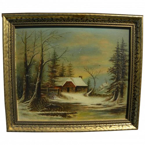 American 19th century primitive winter landscape painting