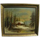 American 19th century primitive winter landscape painting