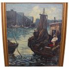 Impressionist harbor painting with figures signed M. Davies