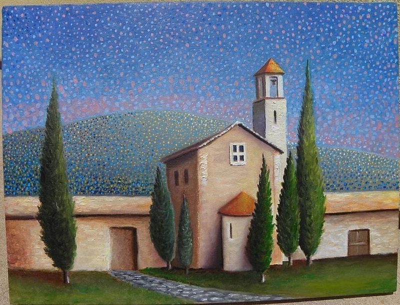 Naive style contemporary painting of a church in Cortona---Tuscany, Italy