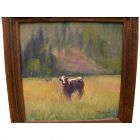 Contemporary American impressionist painting of young cow in a meadow signed Hutcheson