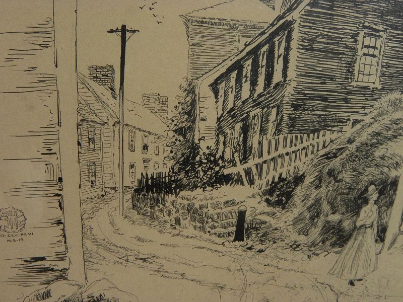 EDMUND GARRETT (1853-1929) ink drawing of old Massachusetts town by noted American artist and illustrator dated 1896