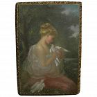 Impressionist painting young woman with doves in landscape signed with initials dated 1897
