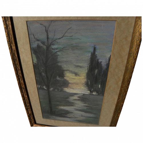 Vintage American signed pastel drawing path among trees at sunset