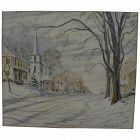 Winter street scene in New England town watercolor painting signed William Carpenter