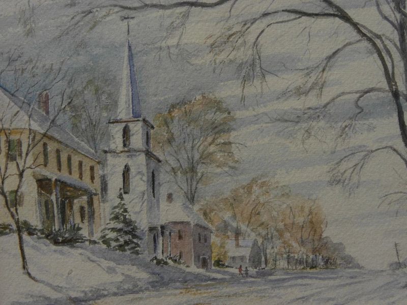 Winter street scene in New England town watercolor painting signed William Carpenter