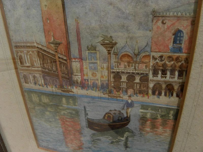 antique Venice watercolor painting signed