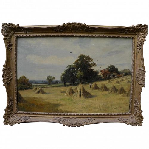 English circa 1890 landscape painting haystacks in country landscape signed G CLAYTON