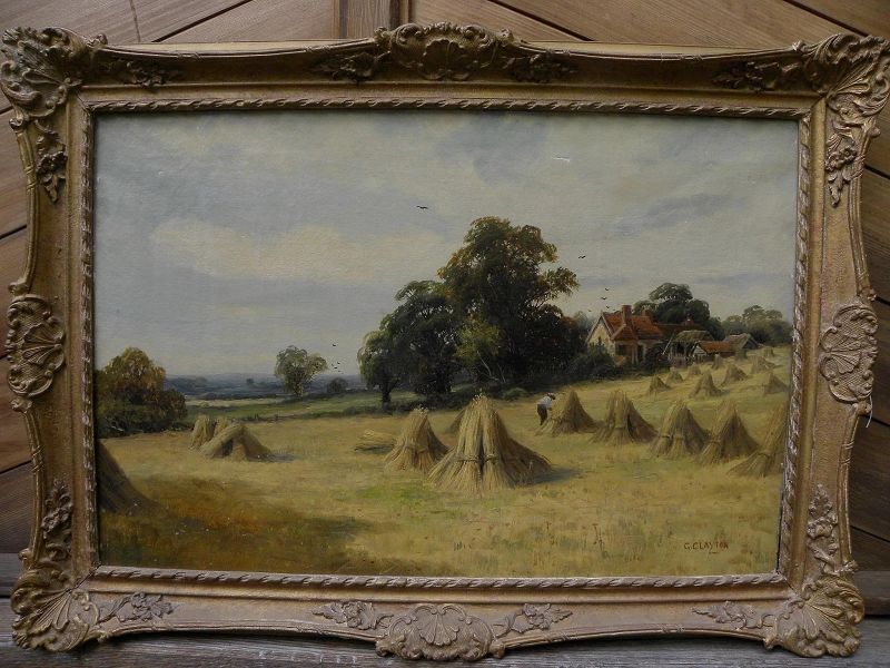 English circa 1890 landscape painting haystacks in country landscape signed G CLAYTON