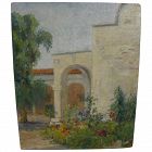 Vintage California art plein air painting of Pomona College, Claremont