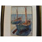 ANDRE ROMANET French 1932 watercolor painting docked boats