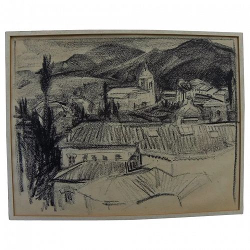 Crayon drawing of European village set in mountains