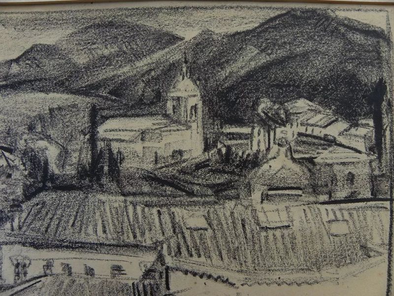 Crayon drawing of European village set in mountains
