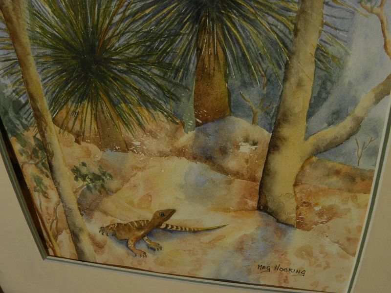 Signed contemporary watercolor painting of arid landscape with lizard and eucalyptus likely Australian