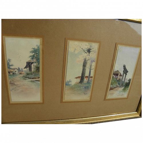 Three signed vintage Japanese watercolor paintings mounted as one