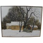 Watercolor painting in realistic style outbuildings in the snow in Colorado circa 1970's