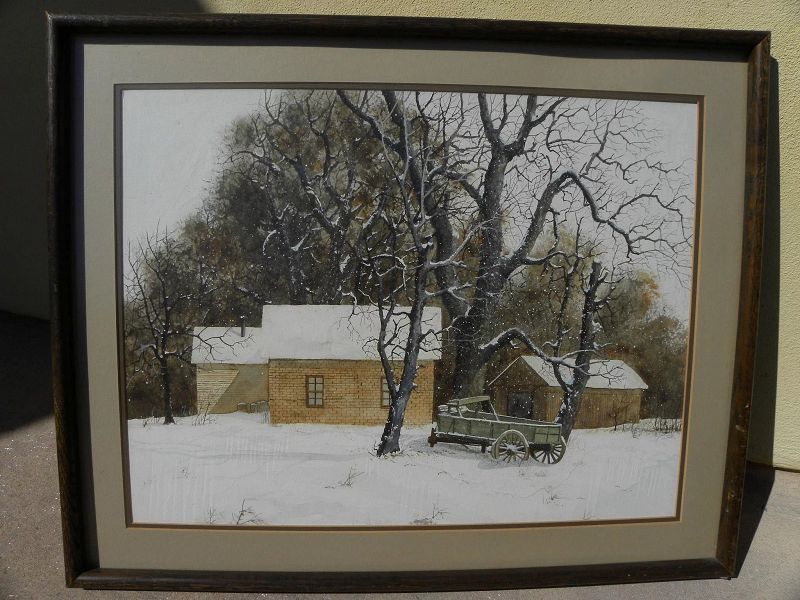 Watercolor painting in realistic style outbuildings in the snow in Colorado circa 1970's