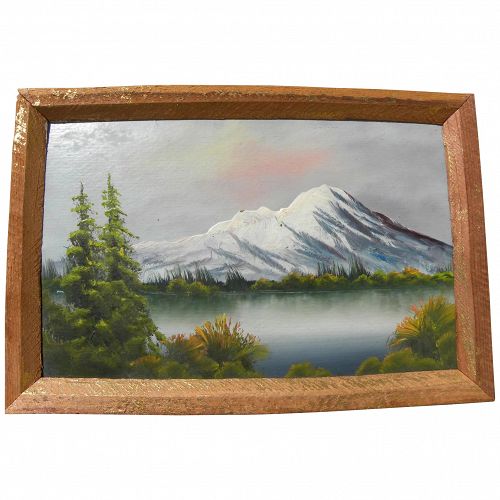 Small vintage landscape painting cabin art