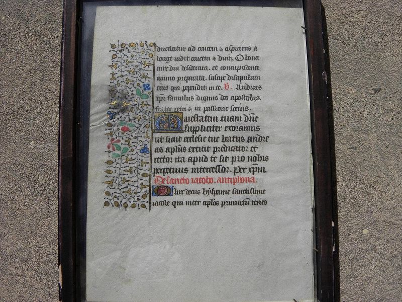Book of hours double-sided leaf 1400's illustrated with ornate capital letters and floral border with gold paint