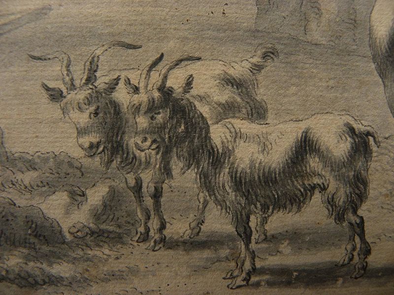 After NICOLAES BERCHEM (1620-1683) antique Dutch Old Master classical ink drawing of figures and animals in a landscape
