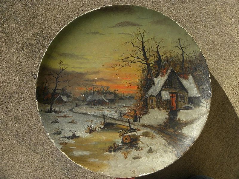 American 19th century landscape painting on round papier mache style platter
