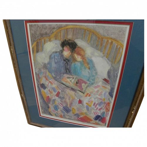 BARBARA A. WOOD (20th century California) pencil signed print of mother and daughter reading a book in a bed