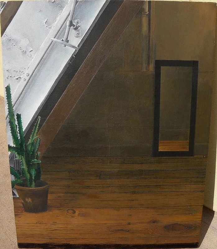 Contemporary American realist painting of potted cactus in attic room
