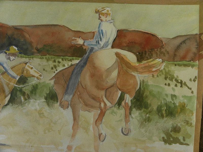 BROOKS PETTUS (1918-2003) Southwest landscape with cowboys watercolor painting dated 1945 by noted artist