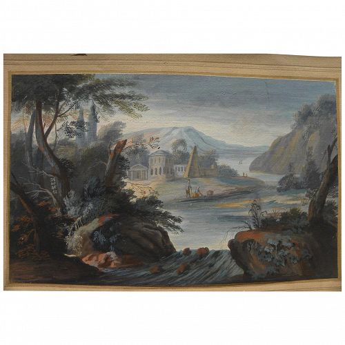 Old Master gouache classical landscape drawing after style of Claude Lorrain (c. 1600-1682)