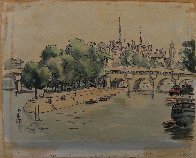 French ink and watercolor Paris drawing signed Leprin (likely Marcel Leprin 1891-1933)