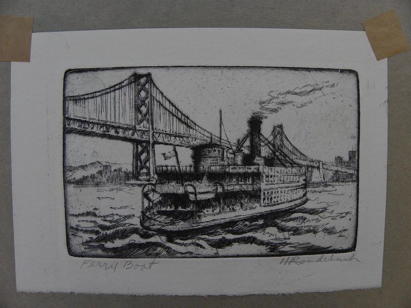 HARRIET GENE ROUDEBUSH (1908-1998) pencil signed etching &quot;Ferry Boat&quot; by listed San Francisco artist