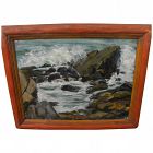 Impressionist vintage California painting of coast rocks and waves signed