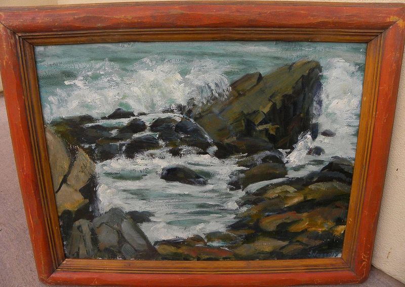 Impressionist vintage California painting of coast rocks and waves signed