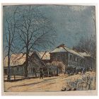 ISTVAN ELESDY (1912-1987) Hungarian art color etching of houses in winter