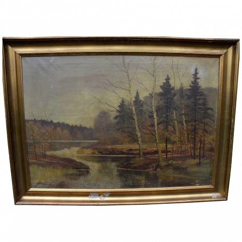 Vintage large signed autumn landscape painting with birch trees likely eastern Europe