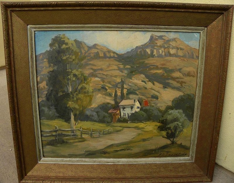 California signed 1960 painting of rugged landscape with house