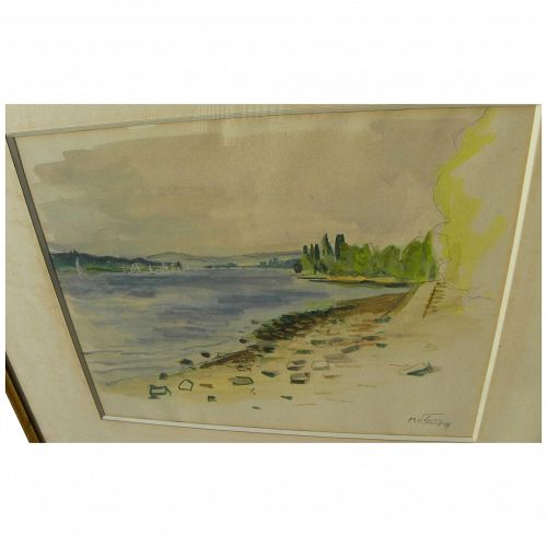 French 1959 signed impressionist watercolor of a lakeshore