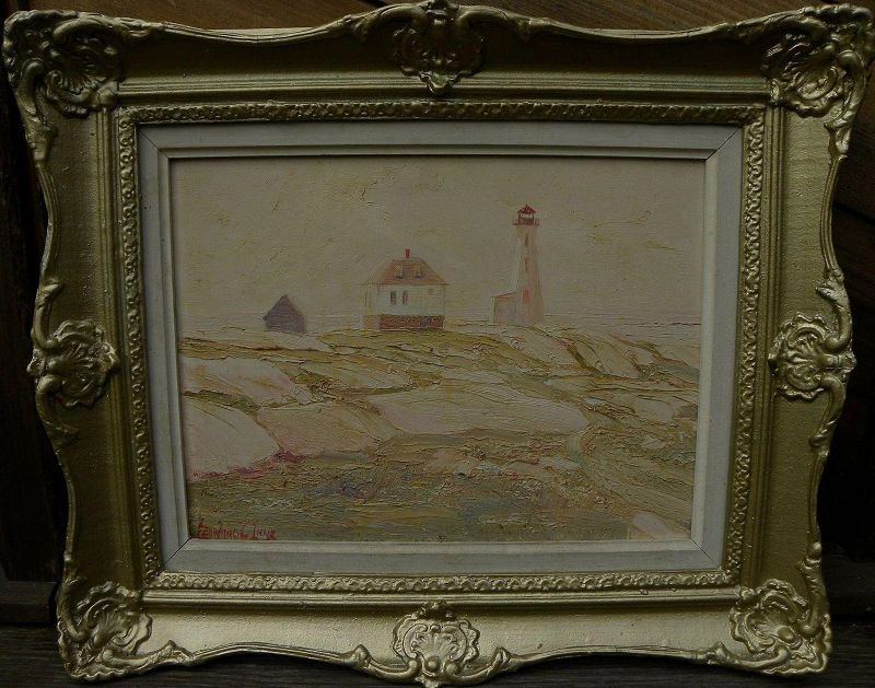 LEONARD C. LANE (1910-1978) vintage impressionist painting of Peggy's Cove, Nova Scotia lighthouse
