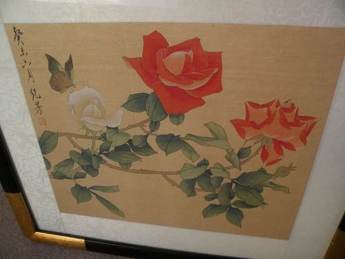 Mid 20th century Asian art painting roses and butterfly