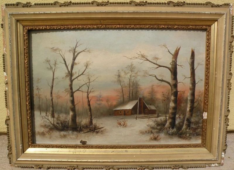 American late 19th century art primitive landscape painting of cabin in the snowy woods