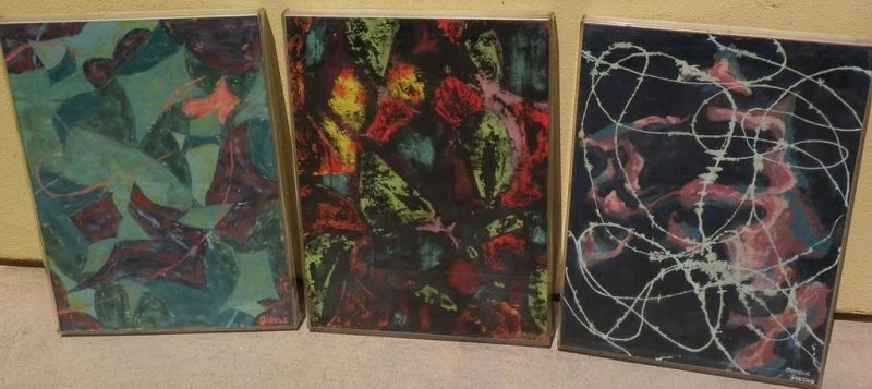 Three circa 1960's mid century abstract drawings on paper by artist "Greene"