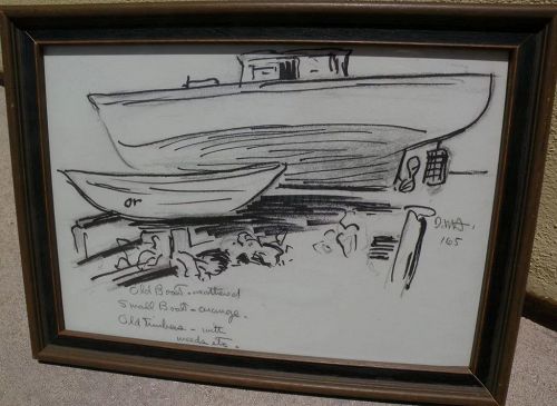 DAISY MARGUERITE HUGHES (1882-1968) pencil and ink sketch of a boatyard dated 1965