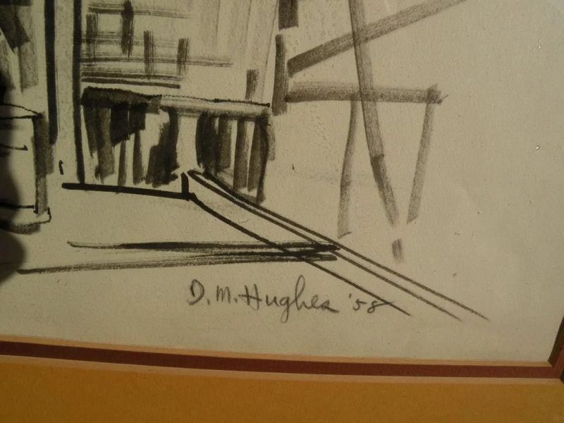 DAISY MARGUERITE HUGHES (1882-1968) pencil sketch of dockside harbor building