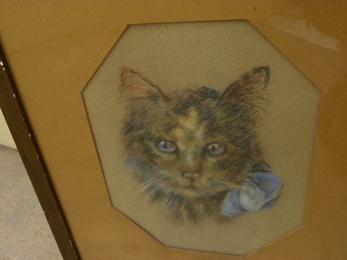 Antique pastel drawing of adorable tabby cat