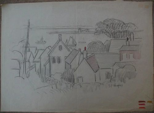 DAISY MARGUERITE HUGHES (1882-1968) charcoal landscape sketch with added color, of houses and the bay, likely Provincetown